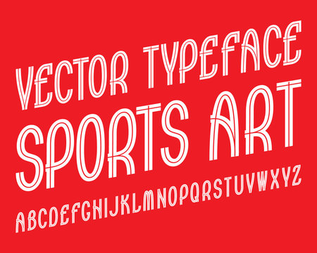 Sports Art Vector typeface. White striped font. Isolated english alphabet.