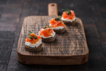 Mini Catering Sandwiches With Cream Cheese, Smoked Salmon, Capers And Dill.