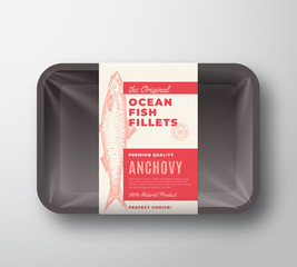 Wall Mural - The Original Fish Fillets Abstract Vector Packaging Design Label on Plastic Tray with Cellophane Cover. Modern Typography and Hand Drawn Anchovy Silhouette Background Layout.