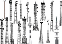 Group With Eighteen Antenna Towers On White