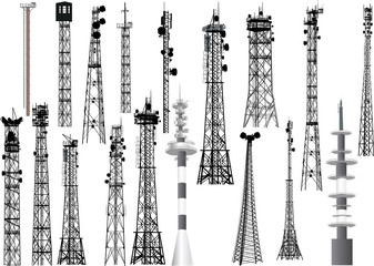 group with eighteen antenna towers on white