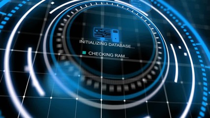 Fototapete - An innovative 3d rendering of a head-up display initializing database and checking CPU codes from short texts in the center of several spinning blue circles in the black backdrop