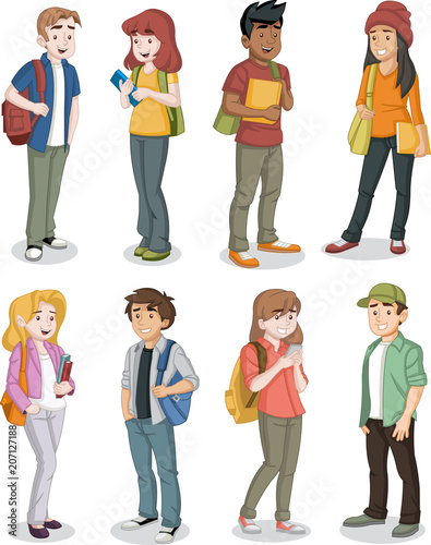 Cartoon teenager students with books and backpack.