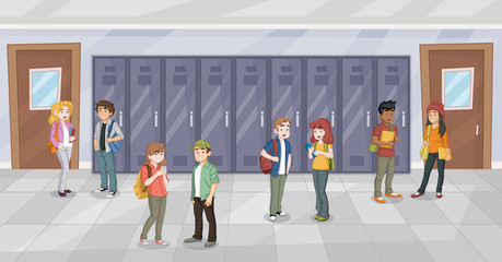  Cartoon students in school corridor. Teenagers.
