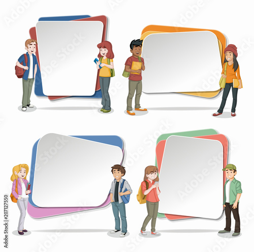 Text box frame background with cartoon young people. Teenagers.
