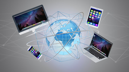 Poster - computer and devices displayed on a futuristic interface with international network - 3d render