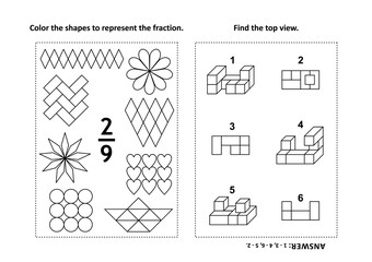 Two visual math puzzles and coloring pages. Color the shapes to represent the fraction. Find the top view. Black and white. Answers included.
