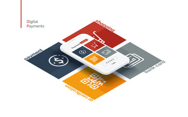 Wall Mural - Payment system mobile interface. Infographics with a mobile phone and payment system icons. Modern full-color illustration isometric style.