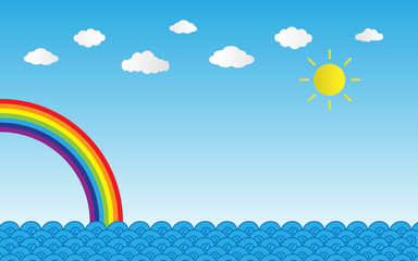 Poster - sun shine on blue sky with clouds and rainbow over sea,vector illustration