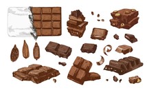 Bundle Of Colored Drawings Of Whole And Broken Into Pieces Chocolate Bars And Cocoa Beans. Tasty Sweet Dessert Or Confection Hand Drawn On White Background. Vector Illustration In Vintage Style.