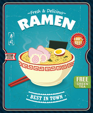 Vintage Japanese Food Poster Design With Vector Ramen Character. Chinese Word Means Sushi.