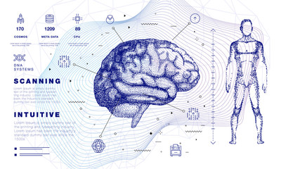 Poster - Human brain in Innovations systems global study of the connection with robotics and the development of science in the field of the cyber industry. Realistics point style with linear inphographics pict