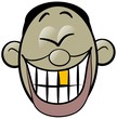 Illustration of a cartoon asian mans face laughing hysterically exposing his gold tooth.