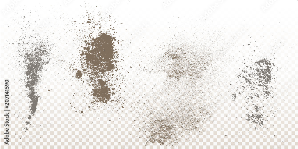 Scattered powder falls, stains, splashes, powder explosion. On an isolated background. Grunge blots trail and spray. - obrazy, fototapety, plakaty 