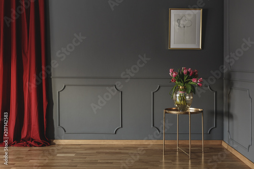 Pink Tulips On A Golden Table In The Corner Of A Luxurious