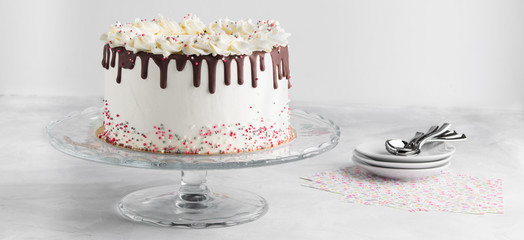 Easy Birthday Drip Cake with chocolate ganache and sprinkles on a white background banner with party decor. Copy space. Celebration concept. Trendy Drip Cake.