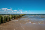 Fototapeta  - stare drewniane pale chroniące plażę w Międzyzdrojach przed falami, Polska, Bałtyk