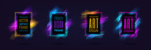 Vector Modern Frames With Dynamic Neon Glowing Lines Isolated On Black Background. Art Graphics With Laser Effect. Design Element For Business Cards, Gift Cards, Invitations, Flyers, Brochures.