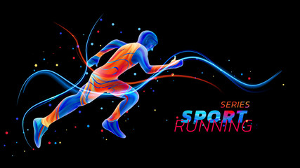 Wall Mural - Vector 3d runner with neon light lines isolated on black background with colorful spots. Liquid design with colored paintbrush. Illustration of athletics, marathon, run. Sports and competition theme.