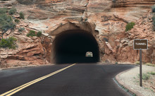 Road Through A Tunnel In A National Forest, Utah, America, USA