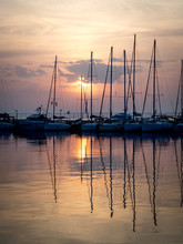 Boats Moored In A Harbor At Sunset, Thessaloniki, Macedonia And Thrace, Greece