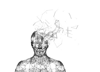 Poster - Shattered human head isolated on white. Artificial intelligence in futuristic technology concept, 3d illustration