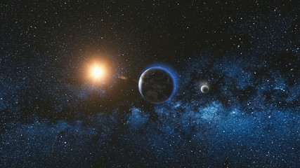 Wall Mural - sunrise view from space on planet earth and moon rotating in space. blue sky milky way with thousand