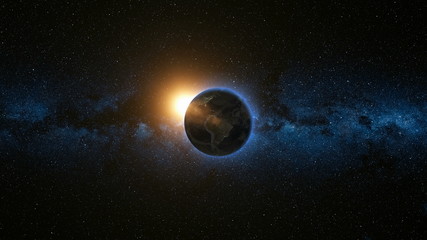 Wall Mural - space view on planet earth and sun star rotating on its axis in black universe. milky way in the bac