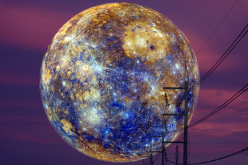 Wall Mural - Mar back on night cloud sunset sky silhouette power elecrtic pillar ,concept Mar near Earth