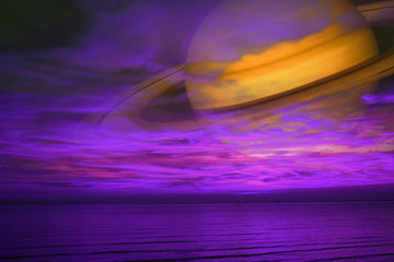 Wall Mural - Saturn back night cloud sunset sky on sea ,concept Saturn near Earth