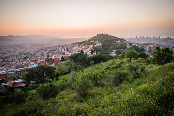 Wall Mural - Beautiful viewpoint of Barcelona at sunrise, natural location in spring.