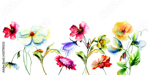 Template for greeting card with colorful wild flowers