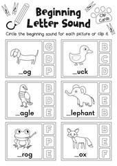  Clip cards matching game of beginning letter sound D, E, F for preschool kids activity worksheet in animals theme coloring printable version layout in A4.