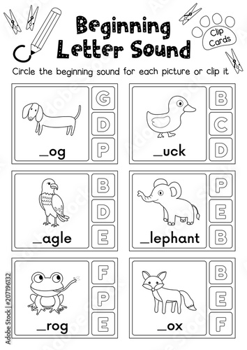Clip cards matching game of beginning letter sound D, E, F for