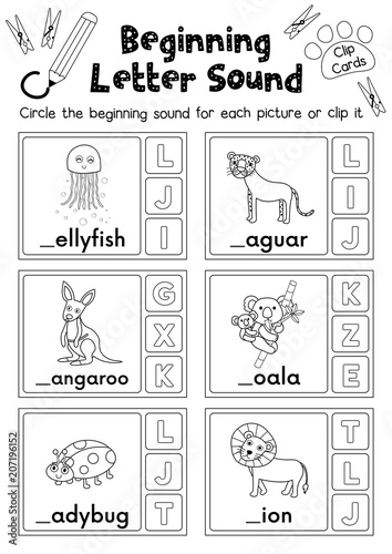 Clip Cards Matching Game Of Beginning Letter Sound J K L For Preschool Kids Activity Worksheet In Animals Theme Coloring Printable Version Layout In Stock Vector Adobe Stock