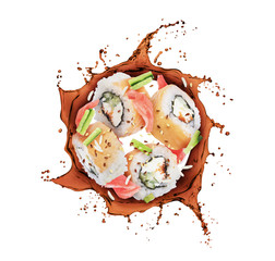 Wall Mural - Sushi rolls rotate in splashes of soy sauce on white