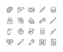 Simple Set Of Crime Related Vector Line Icons. Contains Such Icons As Robbery, Terrorism, Piracy, Hacking And More. Editable Stroke. 48x48 Pixel Perfect.