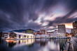 Elizabeth pier and Hobart waterfront with Mount Wellington in he background, captured at sunset in Tasmania, Australia