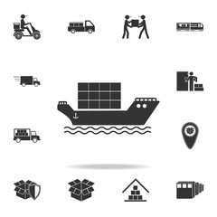 Sticker - cargo ship with containers icon. Detailed set of logistic icons. Premium graphic design. One of the collection icons for websites, web design, mobile app