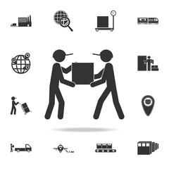 Poster - loaders carry the packing box icon. Detailed set of logistic icons. Premium graphic design. One of the collection icons for websites, web design, mobile app