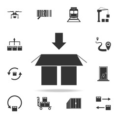 Poster - an arrow in the bottom above the packing box icon. Detailed set of logistic icons. Premium graphic design. One of the collection icons for websites, web design, mobile app
