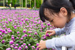 Leinwandbild Motiv Asian chinese little girl posing next to purple flowers field