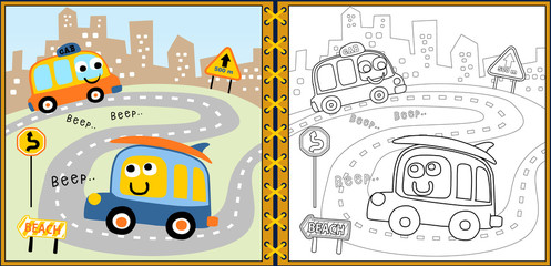 Sticker - coloring book or page with funny vehicles cartoon