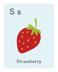 Wall Mural - Vegetable and fruit english alphabet. S letter. Strawberry vector illustration.