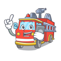 Wall Mural - With phone fire truck character cartoon