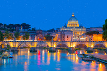 San Pietro Basilica And Ponte St Angelo At Sunset - Rome Italy