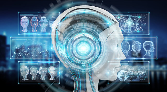 Digital artificial intelligence cyborg interface 3D rendering