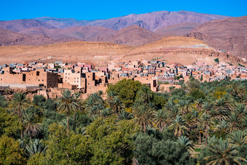 Wall Mural - Landscape view of Atlas mountains and oasis around Douar Ait Boujane village in Todra gorge in Tinghir, Morocco