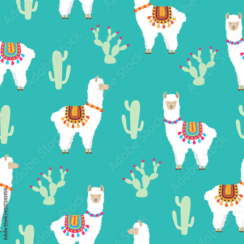 Fotomural Llama Alpaca and cactus seamless pattern
