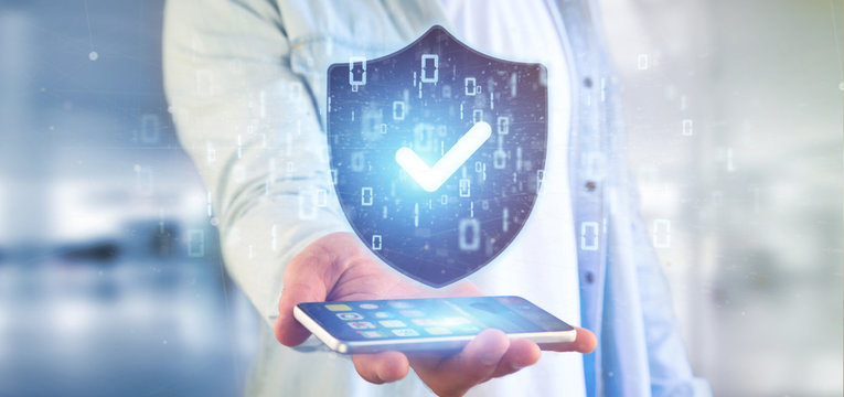 Man holding a Shield web security concept 3d rendering